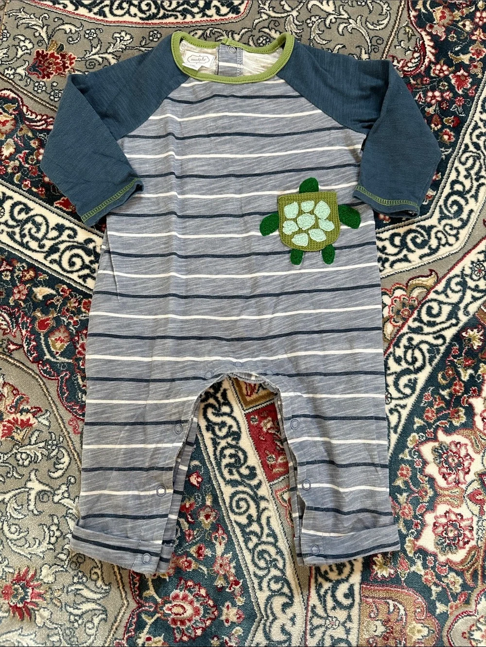 Mud Pie Blue Striped Turtle Applique Footie with Green Trim